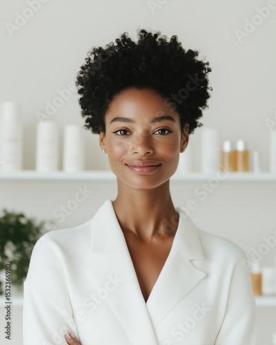 Confident Woman in White Blazer in Bright Room