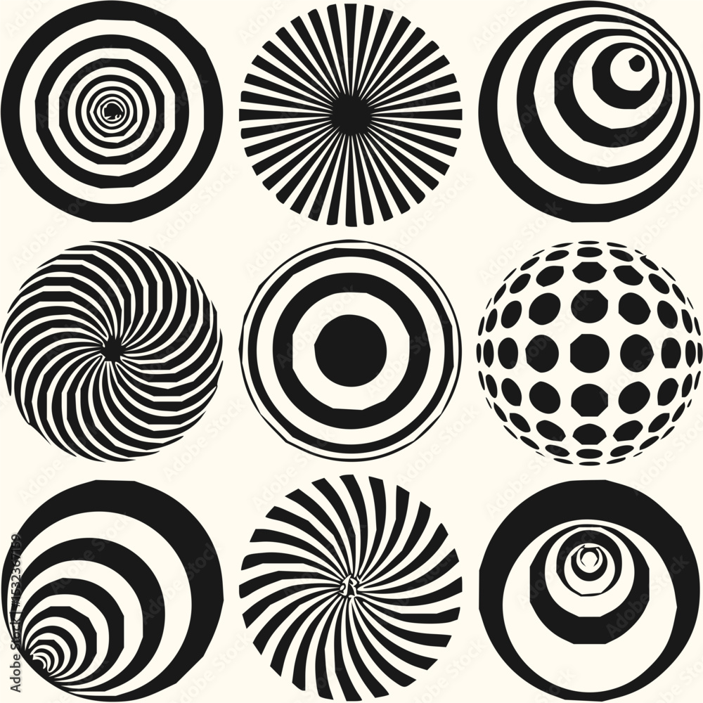Minimilist collection of nine black and white circular designs with varying patterns and optical illusions present vector