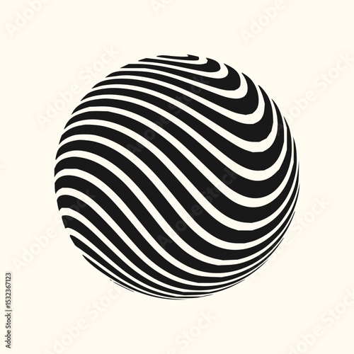 Minimilist striped sphere with alternating black and white curved bands creating an optical illusion effect design vector