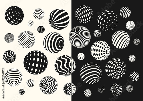 Minimilist assortment of black and white patterned spheres on contrasting backgrounds creating a visual effect vector