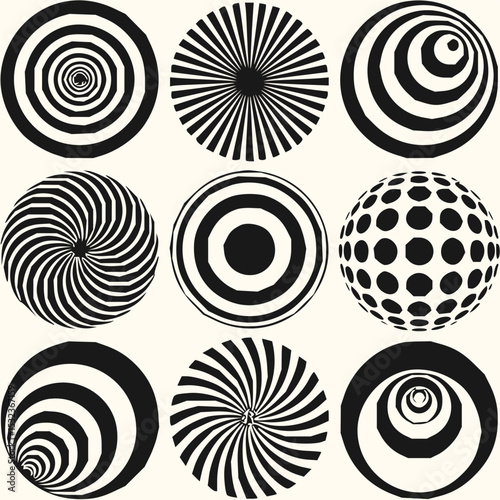 Minimilist collection of nine black and white circular designs with varying patterns and optical illusions present vector