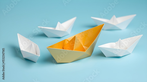 Golden paper boat leading a fleet of white paper boats symbolizing leadership
