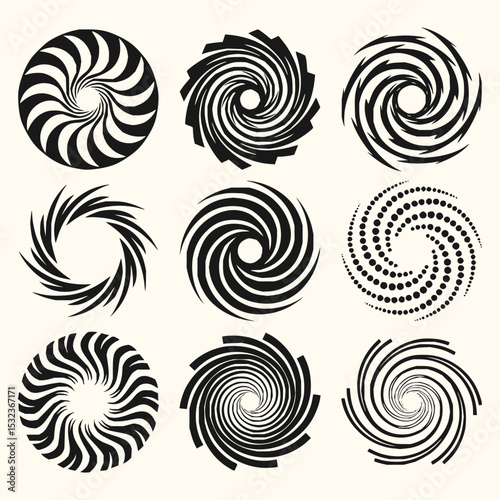 Minimilist collection of nine abstract spiral designs in black and white with varying patterns and arrangements shown vector