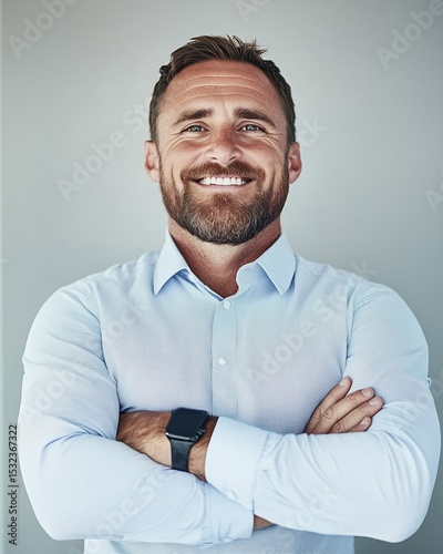 Smiling confident man in light blue shirt