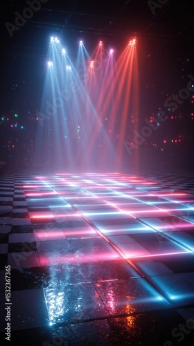 Neon dance floor with abstract light trails and vibrant colors, capturing the energy of nightlife.