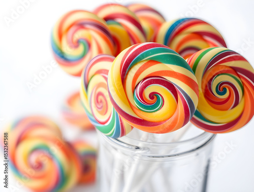 Colorful rainbow lollipops in a glass jar creating a festive atmosphere