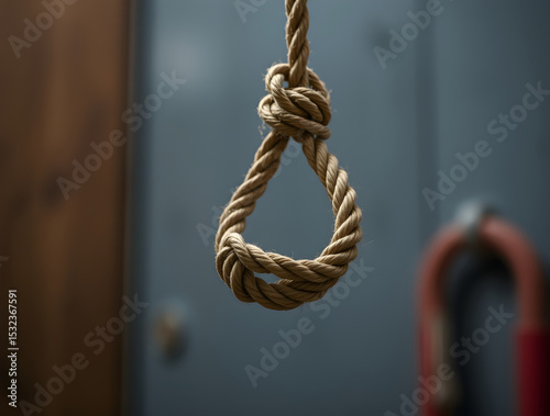 Noose hanging with blurred life preserver in background, representing suicide prevention and mental health awareness