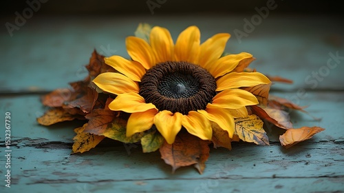Yellow Sunflower with Fall Leaves on Wooden Surface