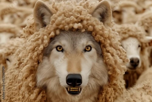 wolf in sheep's clothing hides among a flock of sheep waiting for the right moment to attack.