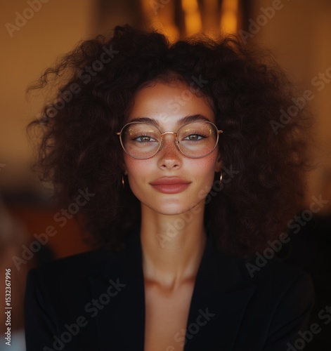 Confident woman with curly hair and glasses