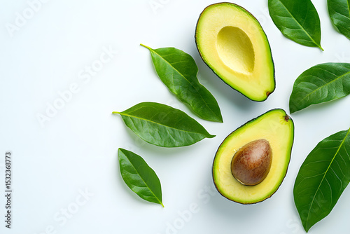 Avocado cut in half with leaves