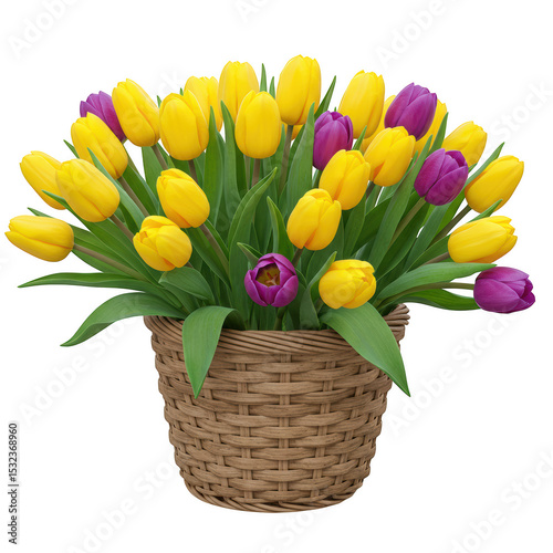 Tulip bouquet in basket isolated on transparent background