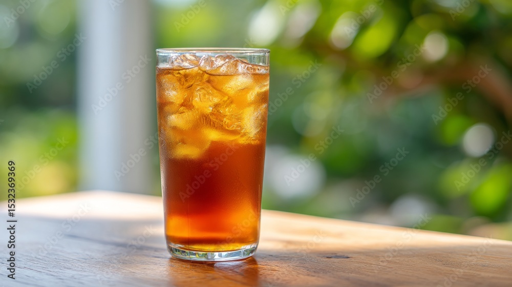 A glass of tea sits on a wooden table A glass of tea sits on a wooden table