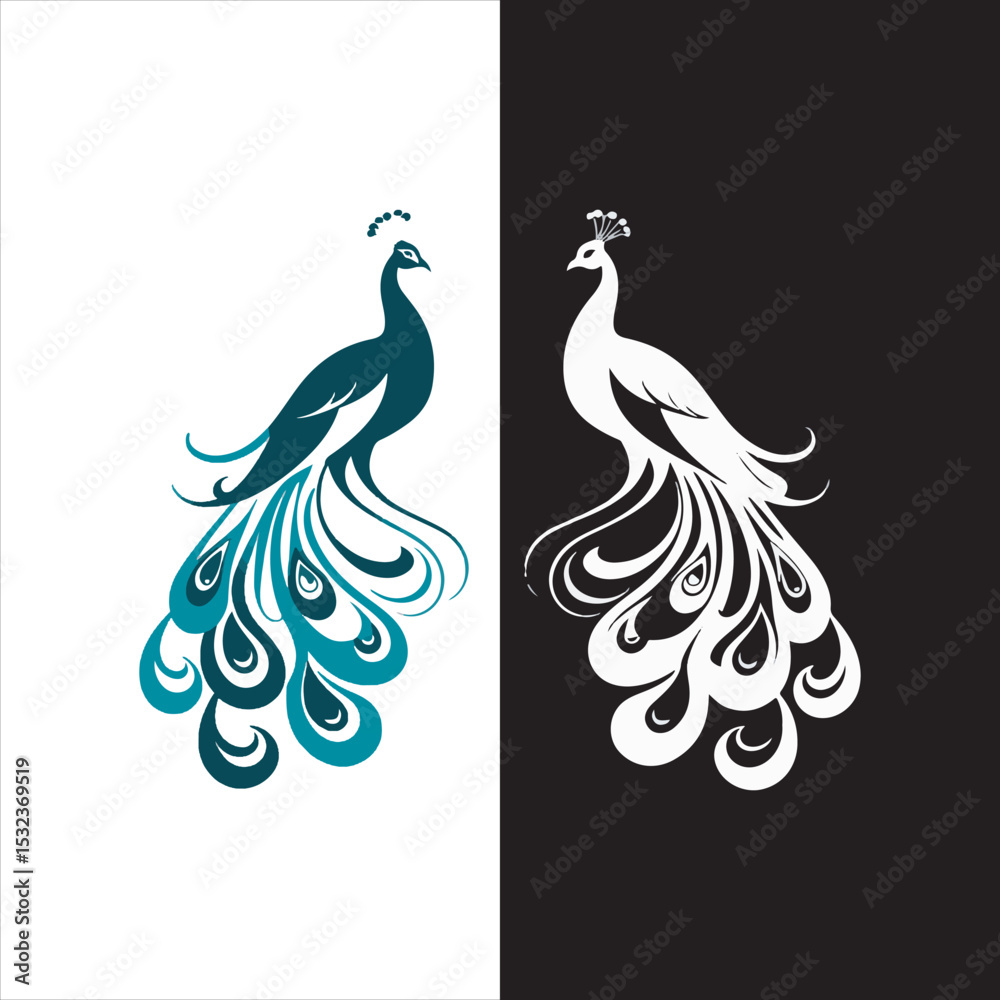 Fototapeta premium Elegant Peacock Vector Illustration,Decorative Peacock Design with Long Feathers,Beautiful Stylized Peacock Artwork,Blue and White Peacock Graphic Design,Symmetrical Peacock Line Art Vector