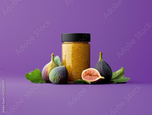 Bright fig jam jar with fruit on lilac background