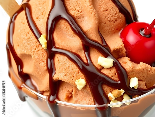 Chocolate syrup drizzled over ice cream scoop with cherry and nuts