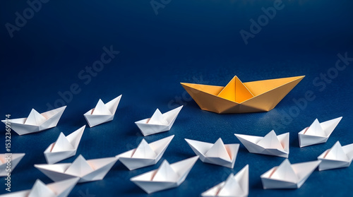 Leadership concept with yellow paper boat leading white ones on blue background
