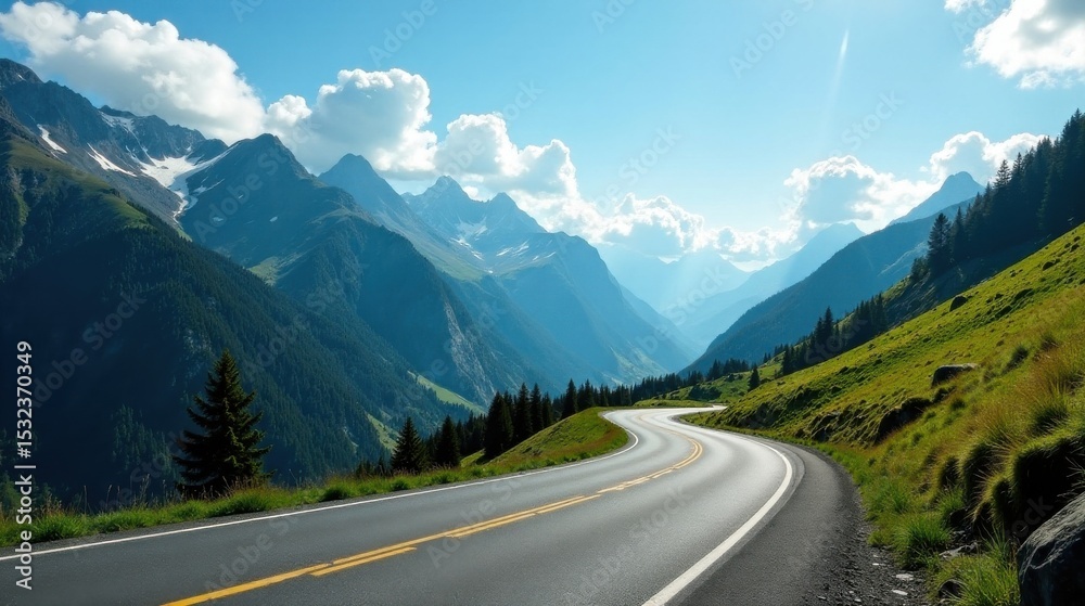 Fototapeta premium Asphalt ribbon unwinding through a majestic mountain range, under a vibrant sky, showcasing nature's breathtaking beauty and the open road ahead