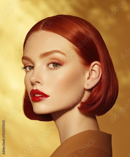 Vibrant Red Bob and Red Lips with Golden Light