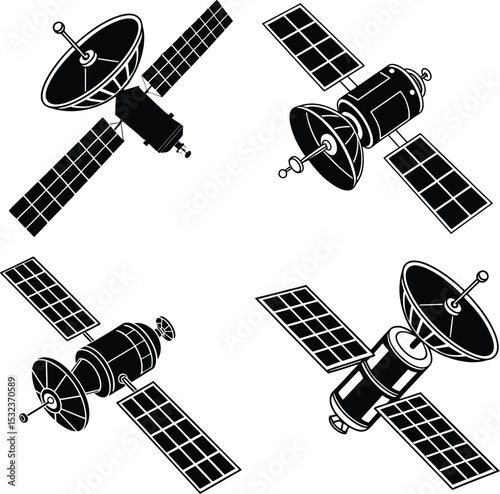 Black Silhouette Satellite Icons Set;  Satellite icon isolated on white background Vector illustration