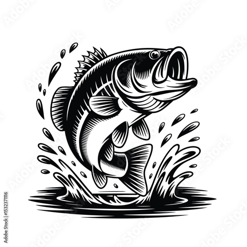 Largemouth bass jumping out of water illustration