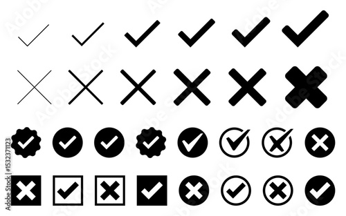 Check mark tick cross mark icon set verified badge icons approved button set check box correct right wrong buttons yes no checkmark black white buttons