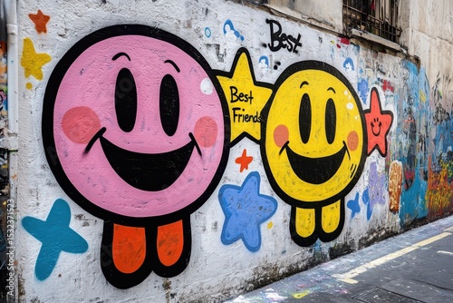 Colorful Cartoon Characters Smiling on Urban Wall Mural Art