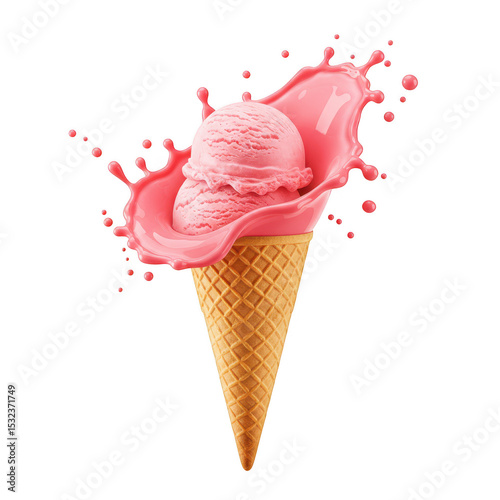 Pink ice cream cone splash isolated on transparent background