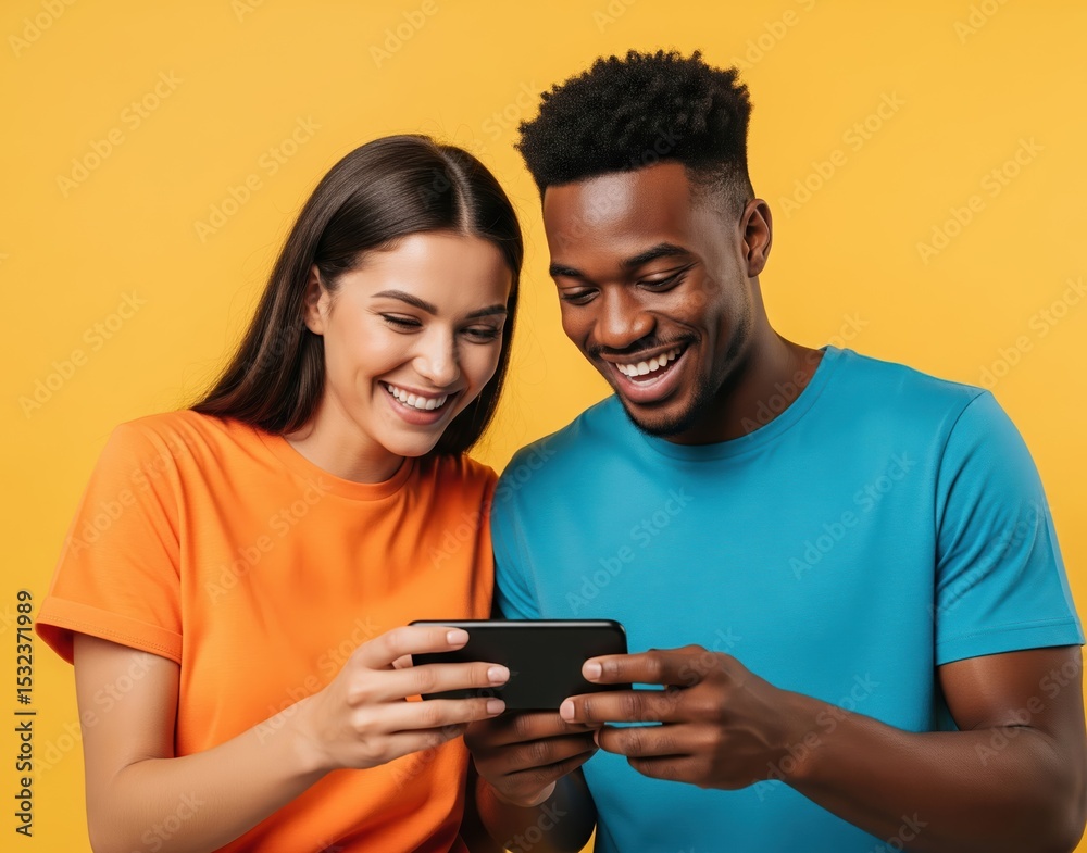 Fototapeta premium Man and Woman Laugh Together While Holding Phone and Enjoying Online Video in Bright Yellow Studio Background Wearing Matching T-Shirts and Casual Clothes