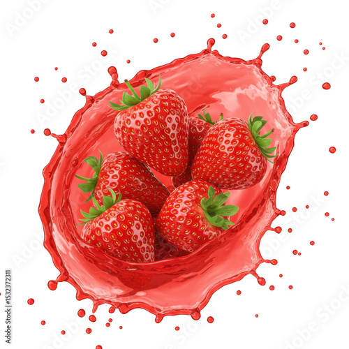 Fresh strawberries in juice splash isolated on transparent background