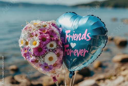 Colorful Heart Balloons with Flowers Near a Scenic Lake Shoreline