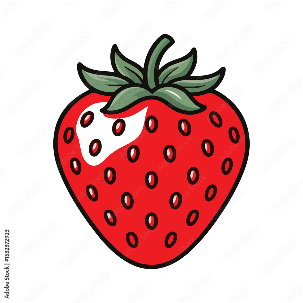 Obraz premium Red Strawberry Fruit Vector Illustration,Fresh Strawberry Clipart Isolated,Cartoon Strawberry Flat Design,Ripe Strawberry Icon Graphic,Strawberry Drawing with Green Leaves,Summer Fruit Strawberry