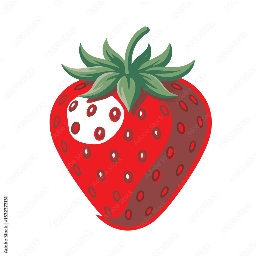 Obraz premium Red Strawberry Fruit Vector Illustration,Fresh Strawberry Clipart Isolated,Cartoon Strawberry Flat Design,Ripe Strawberry Icon Graphic,Strawberry Drawing with Green Leaves,Summer Fruit Strawberry