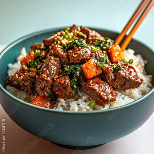 Savory Beef Stir Fry with Rice in Teal Bowl
