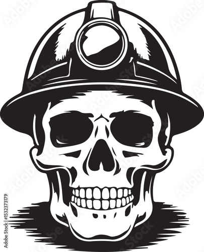 Grim Miner Skull Silhouette with Helmet, a Dark Mining Art Design, Ideal for Underground Decor and Coal Work Illustration
