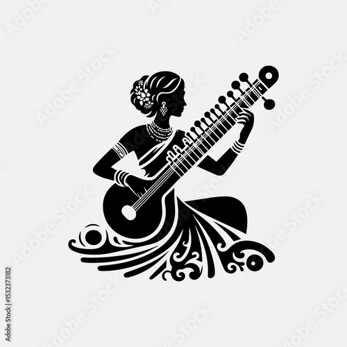 Graceful Indian musician silhouette logo featuring traditional sitar player in elegant pose with detailed instrument rendering