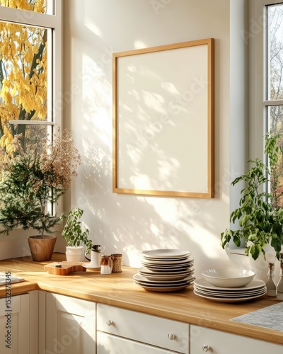 Bright sunlight streams into a modern kitchen, illuminating a light wood countertop with stacked dishes and potted plants. A large, light wood framed picture sits on the wall. 
