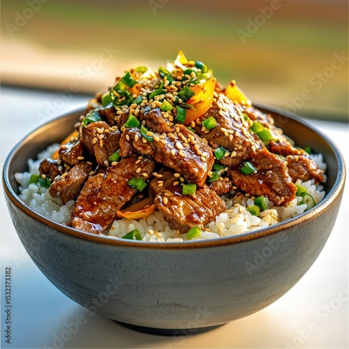 Savory Beef and Rice Bowl with Sesame Seeds and Green Onions
