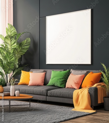 Gray sofa with colorful pillows in a modern living room. Large blank canvas on dark wall, green plants, wooden coffee table, and textured rug. Warm, inviting atmosphere.