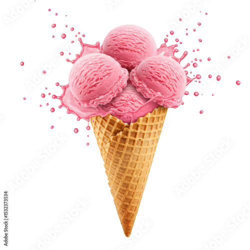 Pink ice cream cone isolated on transparent background