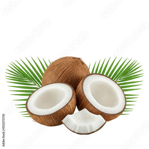 Fresh coconuts and palm leaves isolated on transparent background