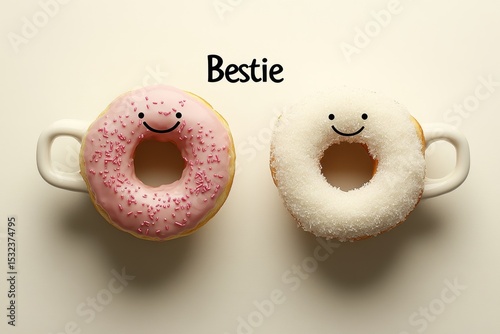 Cute Smiling Donuts with Happy Faces on White Background