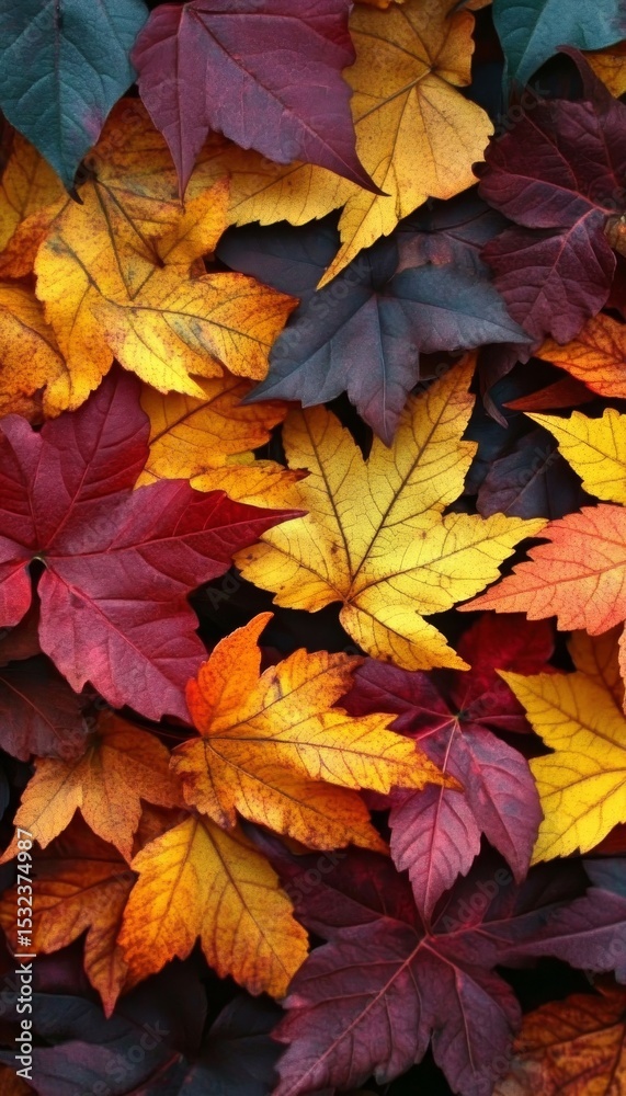 Fototapeta premium Vibrant autumnal tapestry of fallen maple leaves creating a colorful mosaic on the forest floor