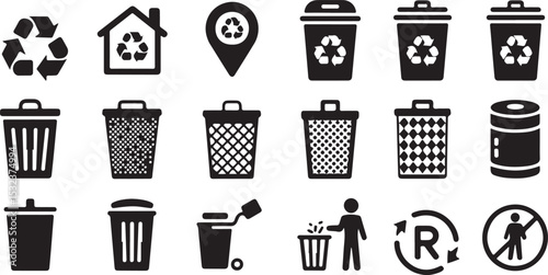 Eco-Friendly Recycling Bin Silhouette Set, a Green Living Art Design, Perfect for Sustainable Decor and Waste Management Illustration