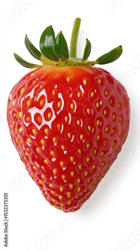 Macro photograph of a single fresh strawberry in vivid red tones, perfect for healthy food ads and packaging with crisp, detailed texture.