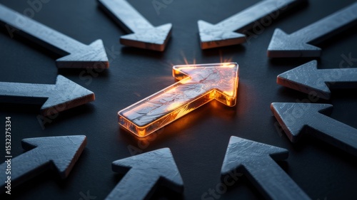 Glowing arrow among many grey arrows