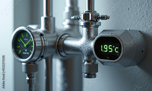 Close-up of a round pressure gauge on a metallic pipe showing temperature.