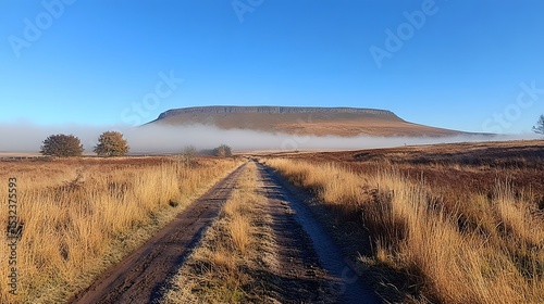Misty Path Leads to Flat-Topped Mountain in Brecon Beacons