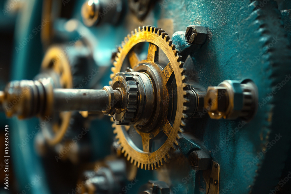 Close up of intricate golden gears and metallic machinery components Close up of intricate golden gears and metallic machinery components
