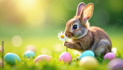 A tiny bunny nibbles a flower amidst pastel Easter eggs scattered on a flowery field , rabbit, whimsical